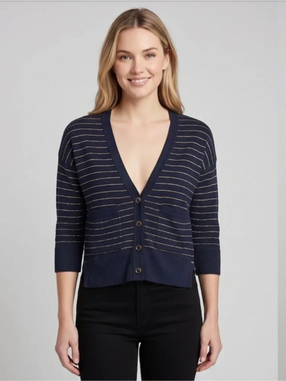 Club Monaco Striped Cardigan Black and Gold - Picture 1 of 6